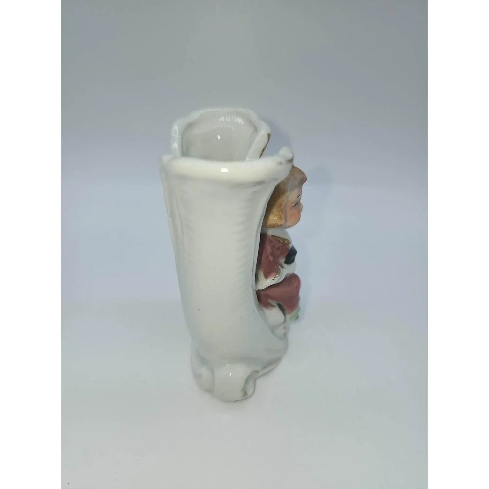 Vintage Japan Ceramic Bud Vase Girl in Red Dress Gold Trim Double Flute 3.5 Inch